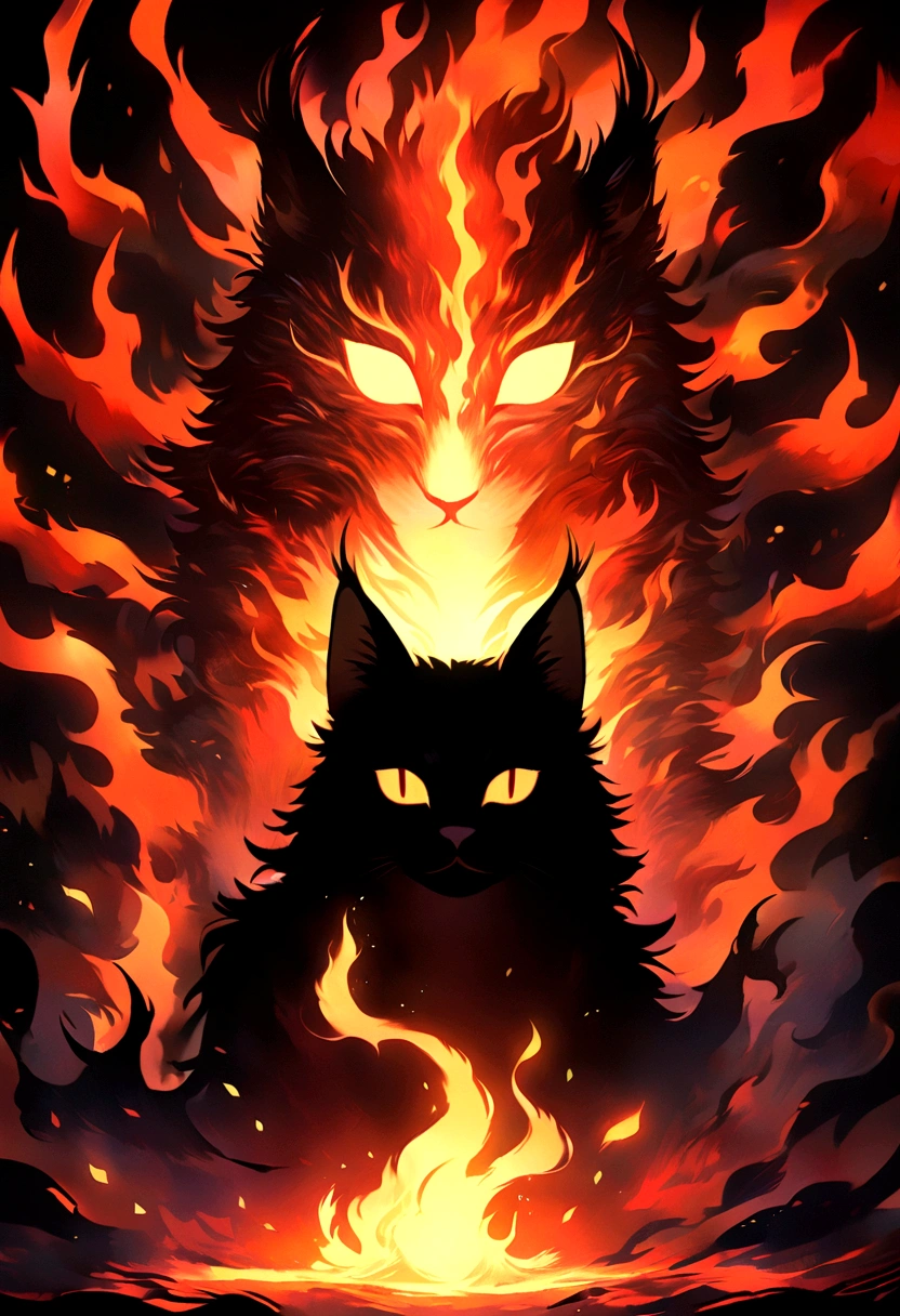 A full background image of a majestic cat through a glowing fire in a retro style. The cat's silhouette is surrounded by monstrous flames, showing off the cat's majestic fur. The image should be realistic to add contrast to the image. It should have a unique charm and the background should be full of fire.