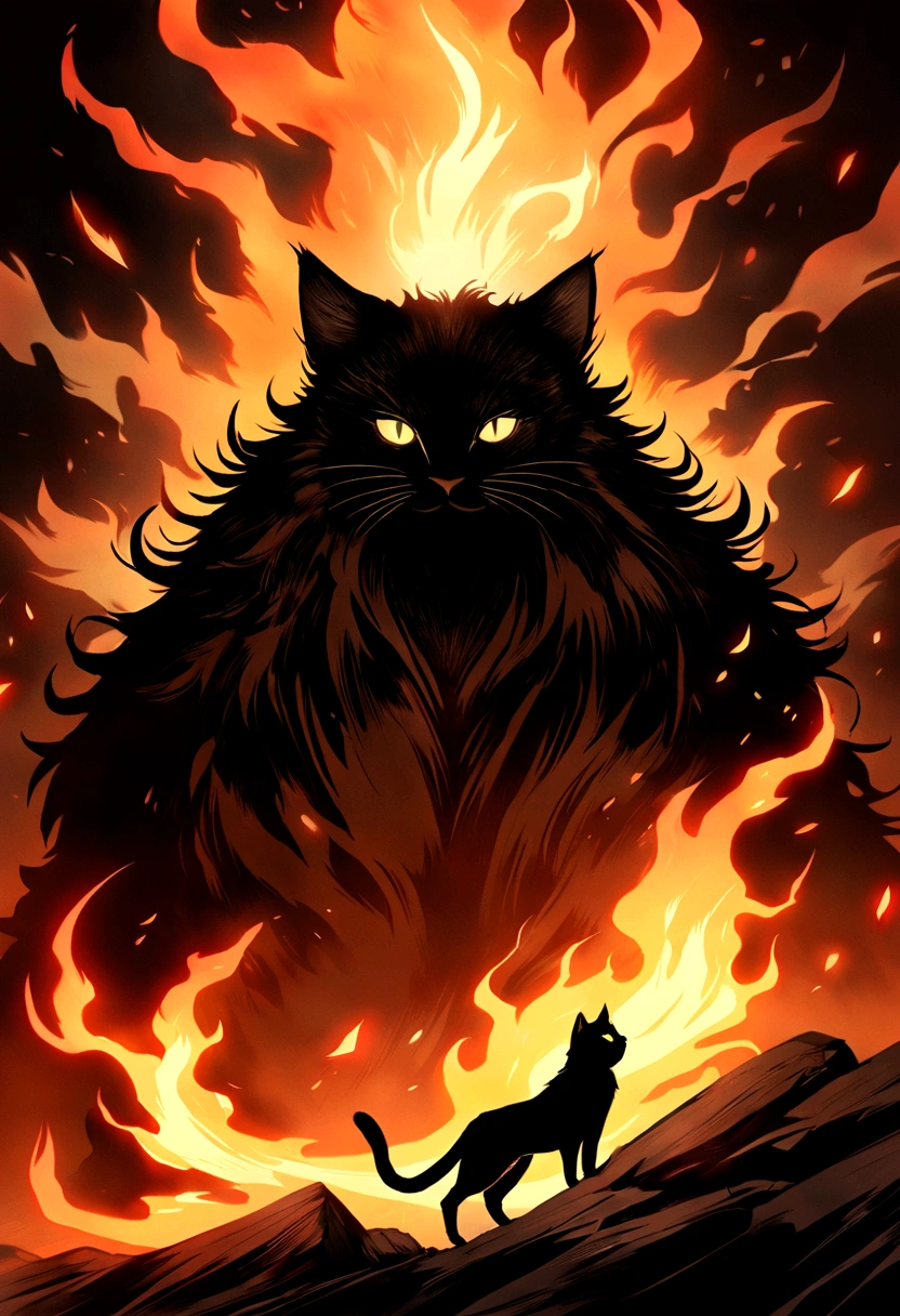 A full background image of a majestic cat through a glowing fire in a retro style. The cat's silhouette is surrounded by monstrous flames, showing off the cat's majestic fur. The image should be realistic to add contrast to the image. It should have a unique charm and the background should be full of fire.