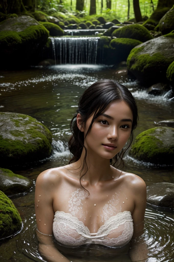 Best quality, masterpiece, super high resolution, a super model soaking in a hot spring in Japan, outdoor hot spring, stone hot spring, surrounded by moss and trees, super beautiful face, pure body, clear pores visible, (smile:0.8), wearing split (lace bandeau:1.2), (realism:1.5), original photo, soaked body, covered in sweat, bare shoulders, in the dark, deep shadows, low-key, cold light