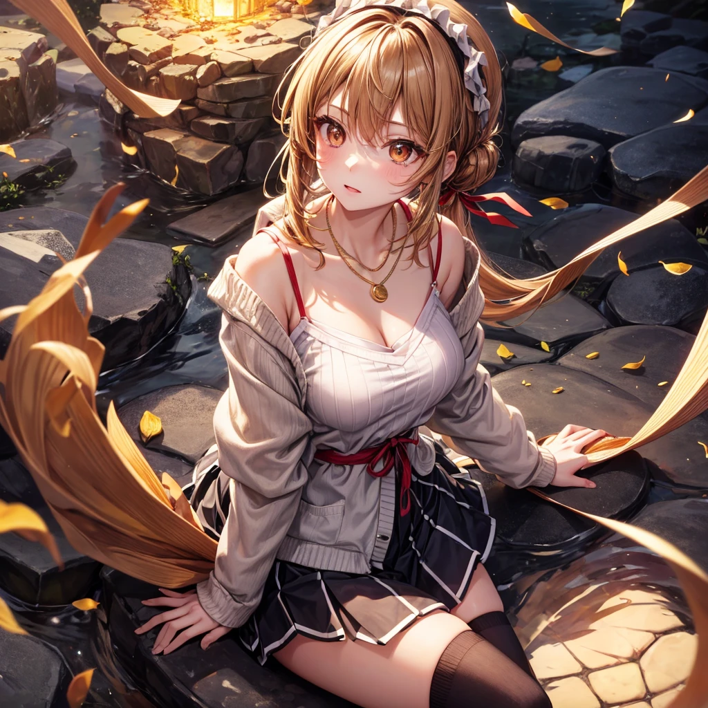 Red, brown, gold, gold hair、Golden Eyes、Hair tied up、One good looking girl、solo、anime、Checkered mini skirt、Ruffles on the skirt、camisole、camisole、Lightweight cardigan、Black knee-high socks、Wearing a baseball cap、Wearing a ribbon、Ribbon on waist、Teeth are visible、Sunset sky、Cumulonimbus、Silver coin necklace、shine、From above、Sparks are flying、cave、Cobblestones、sitting on big rocks