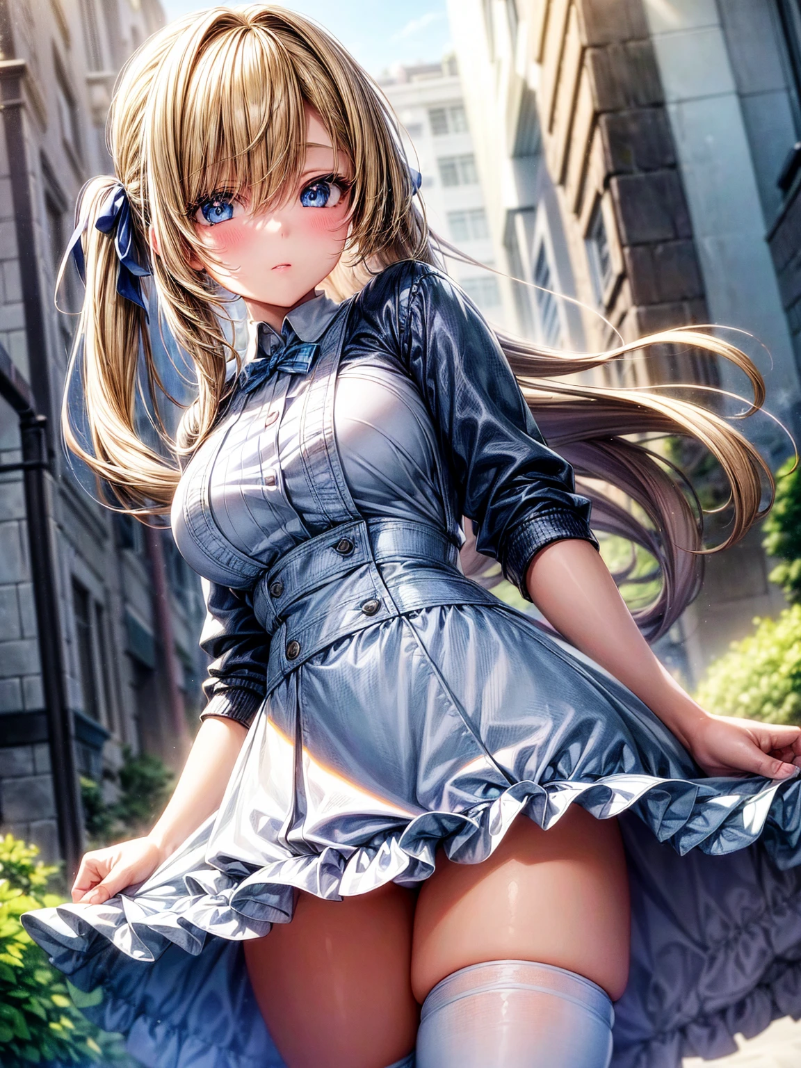 1girl,masterpiece,best quality,blonde hair,(dual short ponytails),blue eyes,(white stockings),(light blue plaid skirt),standing,in full length,medium breasts,white t shirt,in front of streets,extremely detailed,[[realistic]],beautiful alluring anime ,seductive anime girl