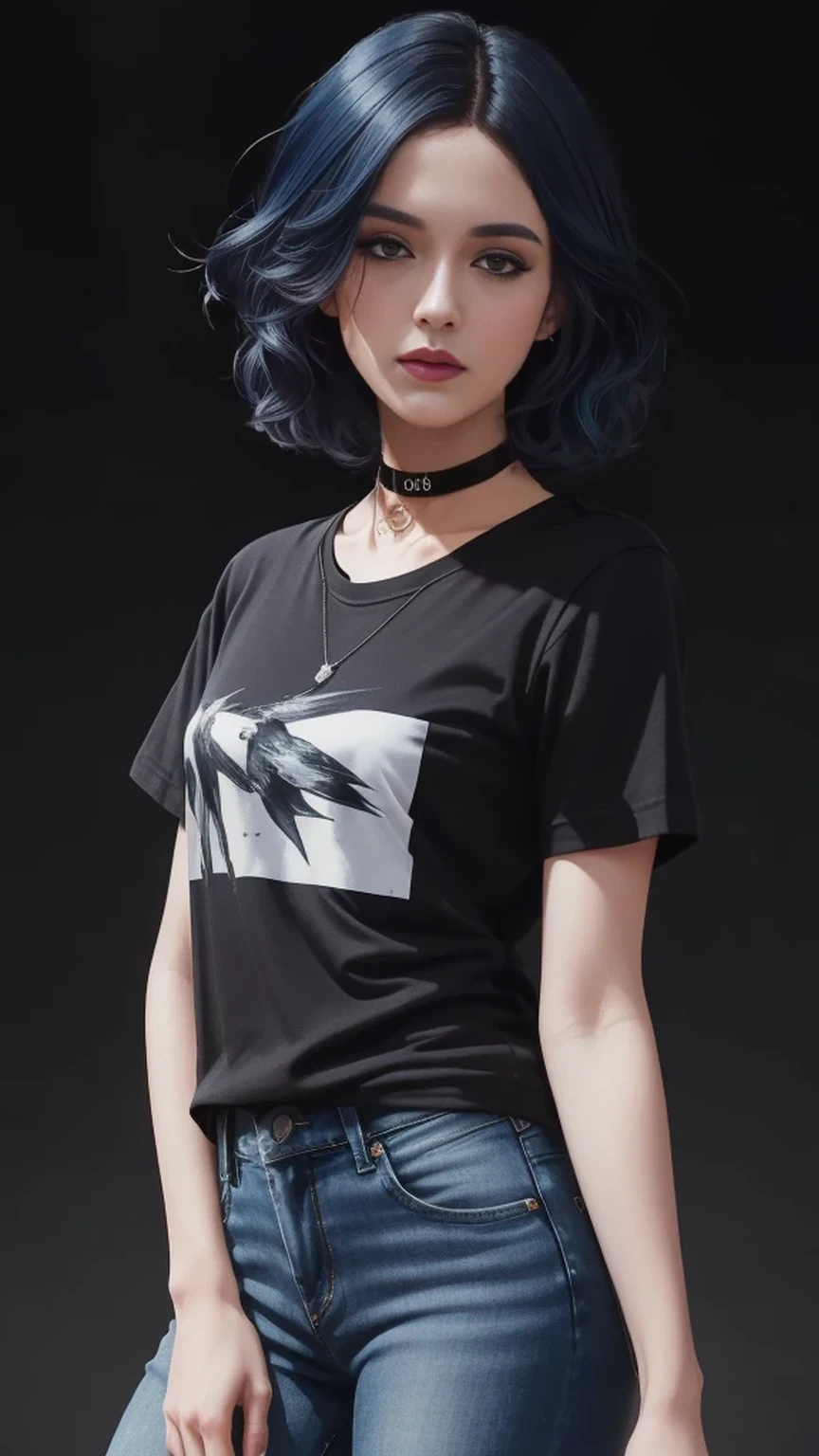 black hair with dark blue highlights,wavy bob hair style,((illustration)), (((masterpiece))), ((best quality)), (High resolution), (detailedlight), ((intricate detail)), (highres), (very detailed CG 8k wallpaper),Beautiful Lighting, Perfect Lightning, Realistic Shadows, [High Resolution], Detailed Skin, Super Delicate,
