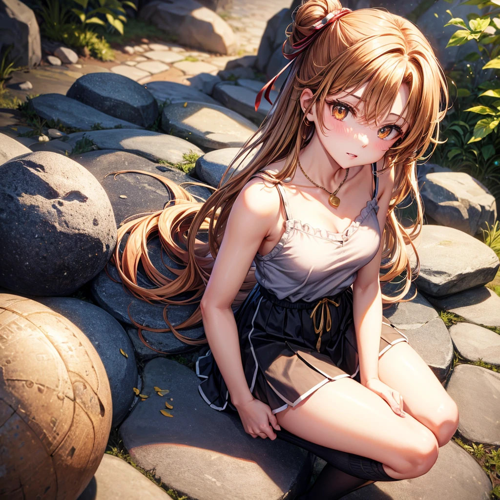 Red, brown, gold, gold hair、Golden Eyes、Hair tied up、One good looking girl、solo、anime、Checkered mini skirt、Ruffles on the skirt、camisole、camisole、Lightweight cardigan、Black knee-high socks、Wearing a baseball cap、Wearing a ribbon、Ribbon on waist、Teeth are visible、Sunset sky、Cumulonimbus、Silver coin necklace、shine、From above、Sparks are flying、cave、Cobblestones、sitting on big rocks