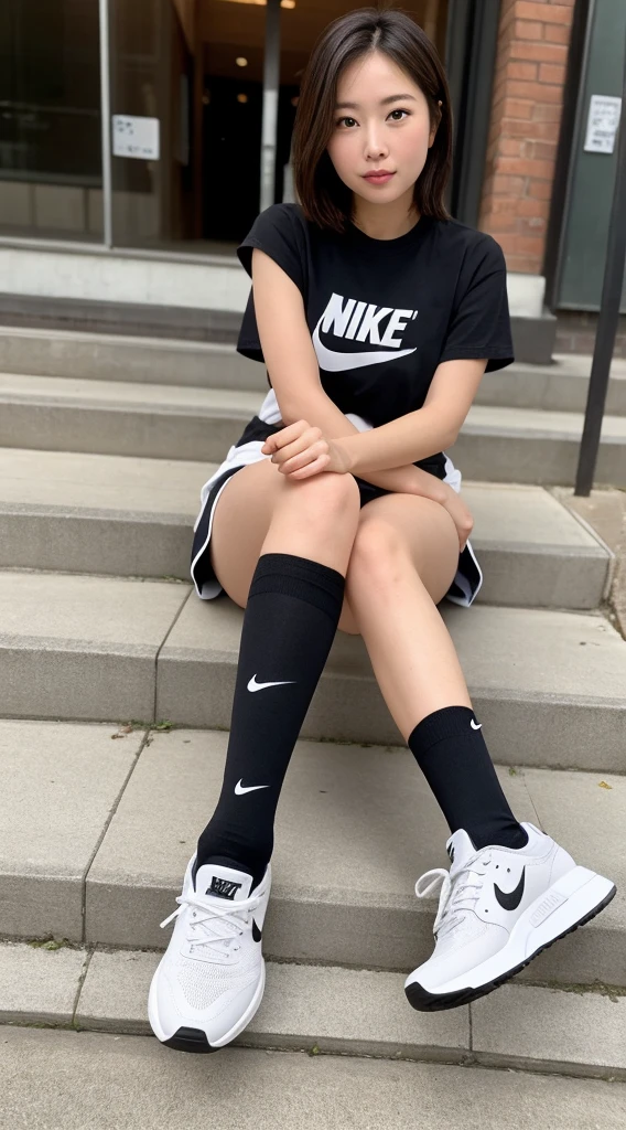 Wearing white Nike socks, Highlighted with white knee-length socks featuring the Nike logo, Black Nike logo on socks, The socks always have one black NIKE logo visible, and there are two pairs of socks on each foot
白のNIKE靴を履いてる
