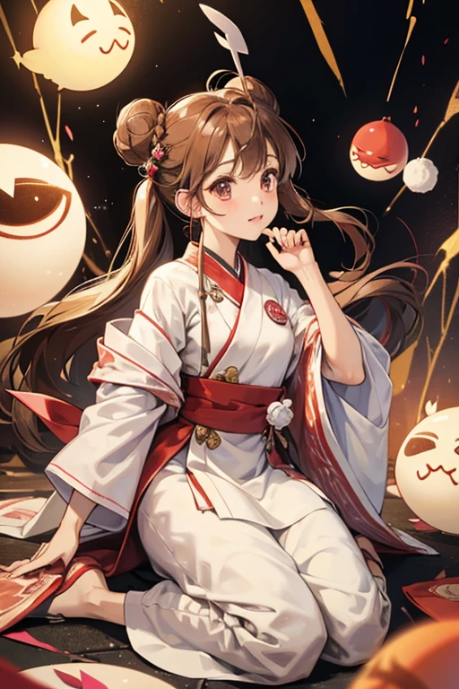 Tsubuanonetchi has a light brown face with a pinkish beak and deep brown cheeks. The rest of her body appears to be covered in a white gown, and she is kneeling in a floating dish. She has a ball of red bean paste on top of her head, resembling a bun hairstyle held in place by a dango stick. She also has three dango balls hovering around her.  SPARKLE; GLITTER