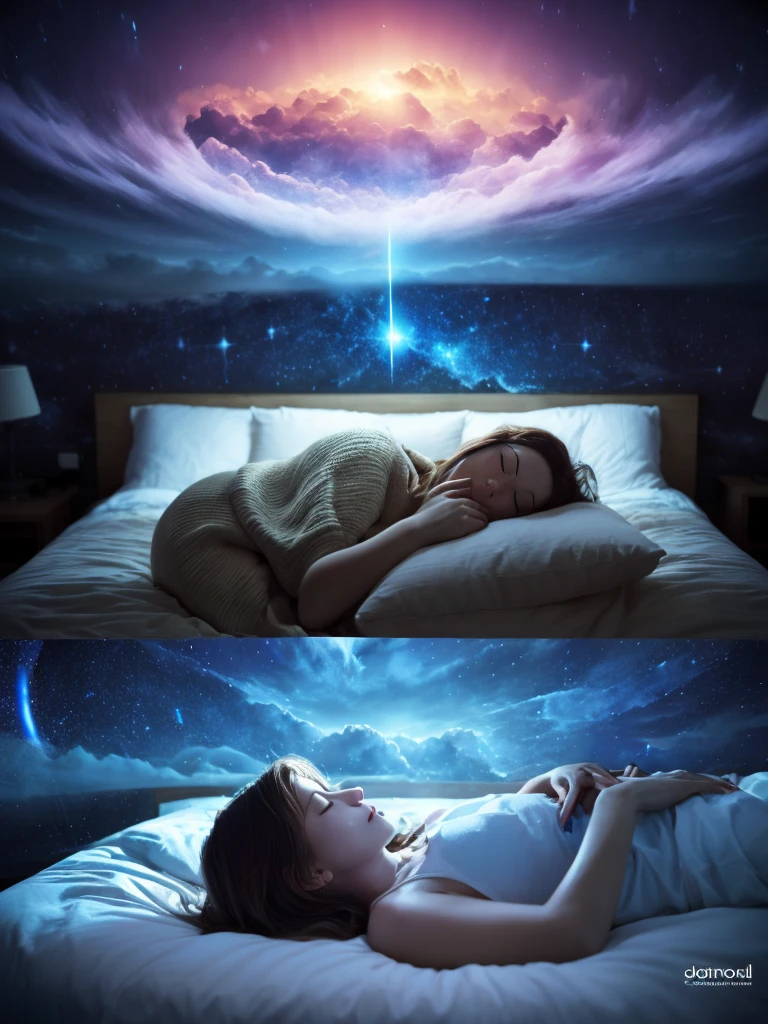 arafed woman sleeping in a cloud bed with stars and a night sky, dreamy night, dreamlike atmosphere, dreamlike surrealism, fantasy and dreams vibes, lost in a lucid dream, wake initiated lucid dream, lucid dreaming, quality astral projection render, if only i could sleep, reality infused with dreams, inspired by Cyril Rolando, dream like atmosphere 8k
