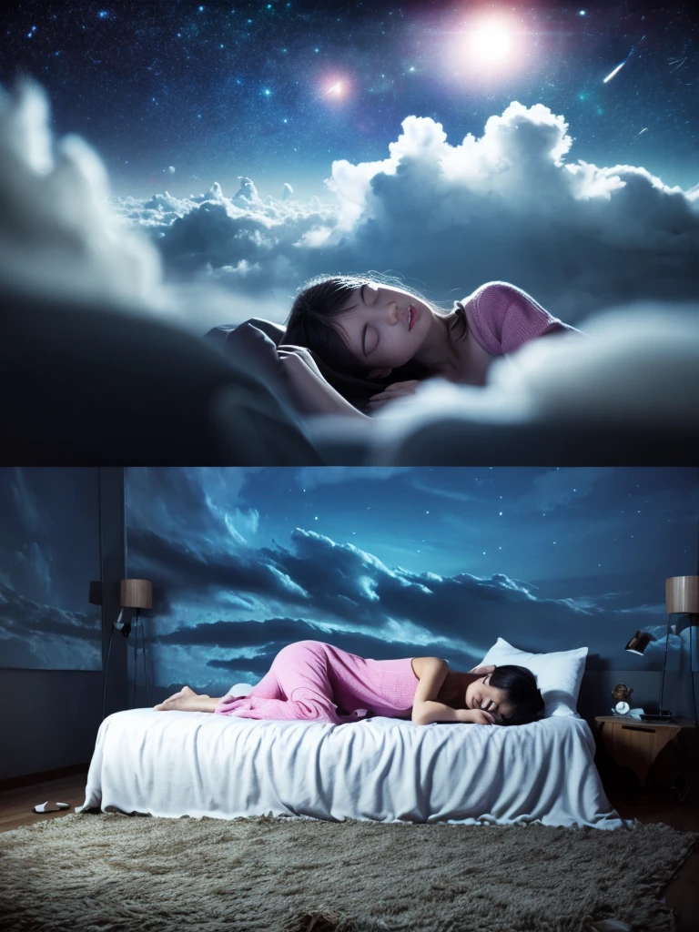 arafed woman sleeping in a cloud bed with stars and a night sky, dreamy night, dreamlike atmosphere, dreamlike surrealism, fantasy and dreams vibes, lost in a lucid dream, wake initiated lucid dream, lucid dreaming, quality astral projection render, if only i could sleep, reality infused with dreams, inspired by Cyril Rolando, dream like atmosphere 8k