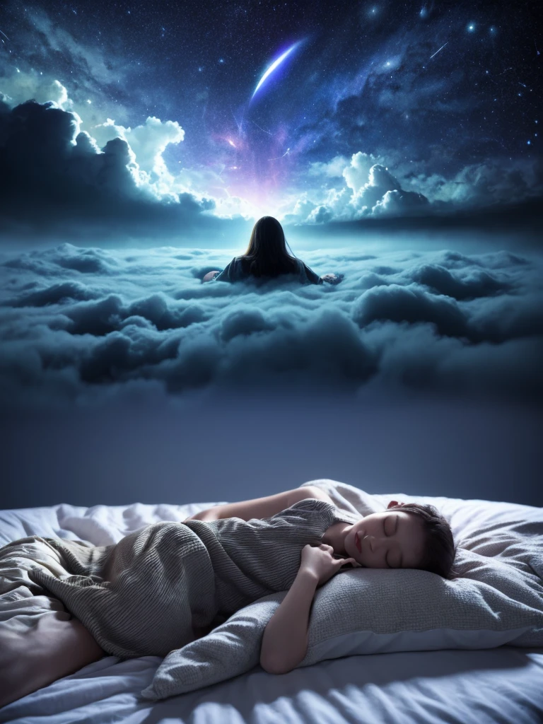 arafed woman sleeping in a cloud bed with stars and a night sky, dreamy night, dreamlike atmosphere, dreamlike surrealism, fantasy and dreams vibes, lost in a lucid dream, wake initiated lucid dream, lucid dreaming, quality astral projection render, if only i could sleep, reality infused with dreams, inspired by Cyril Rolando, dream like atmosphere 8k