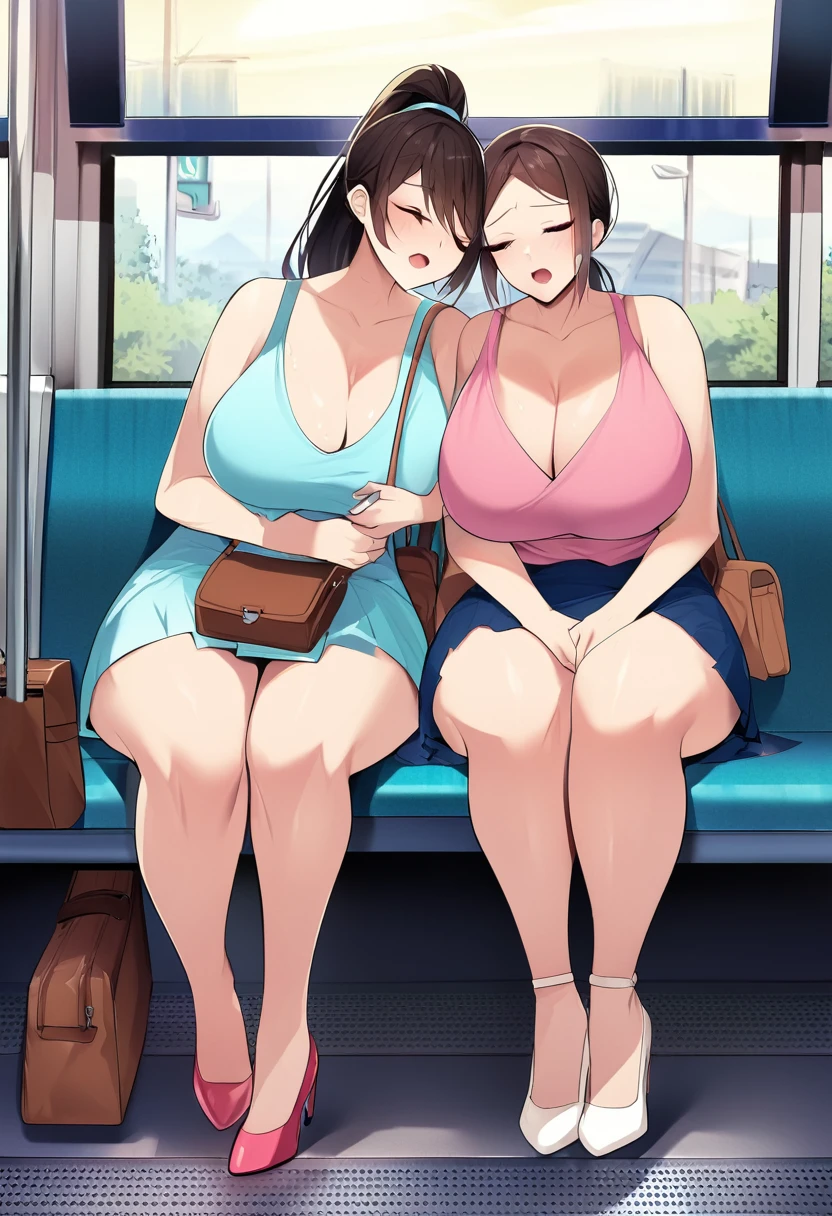 1. Beautiful Women, Big body, Asian Girl, ponytail, Contoured eyelids, Makeup eyelids, Sleeveless shirt, Pink Shirt, , skirt, turquoise skirt, High heels, Cream colored shoes, Brown bag, Sit on the bus and sleep, Open your mouth, close your eyes、Love Jure