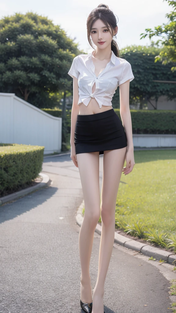 RAW, masterpiece, best quality, extremely detailed, 8k, HDR, photorealistic, intricate, (A skinny Korean girl), (straight hair), (extremely-slim body), (narrow and small hips:1.3), (extremely-white pale-porcelain skin), smile, standing, outdoors, wearing a (short sleeves shirt that is fully opened revealing bra) and (black extremely-short microskirt:1.4), (close-up picture) 