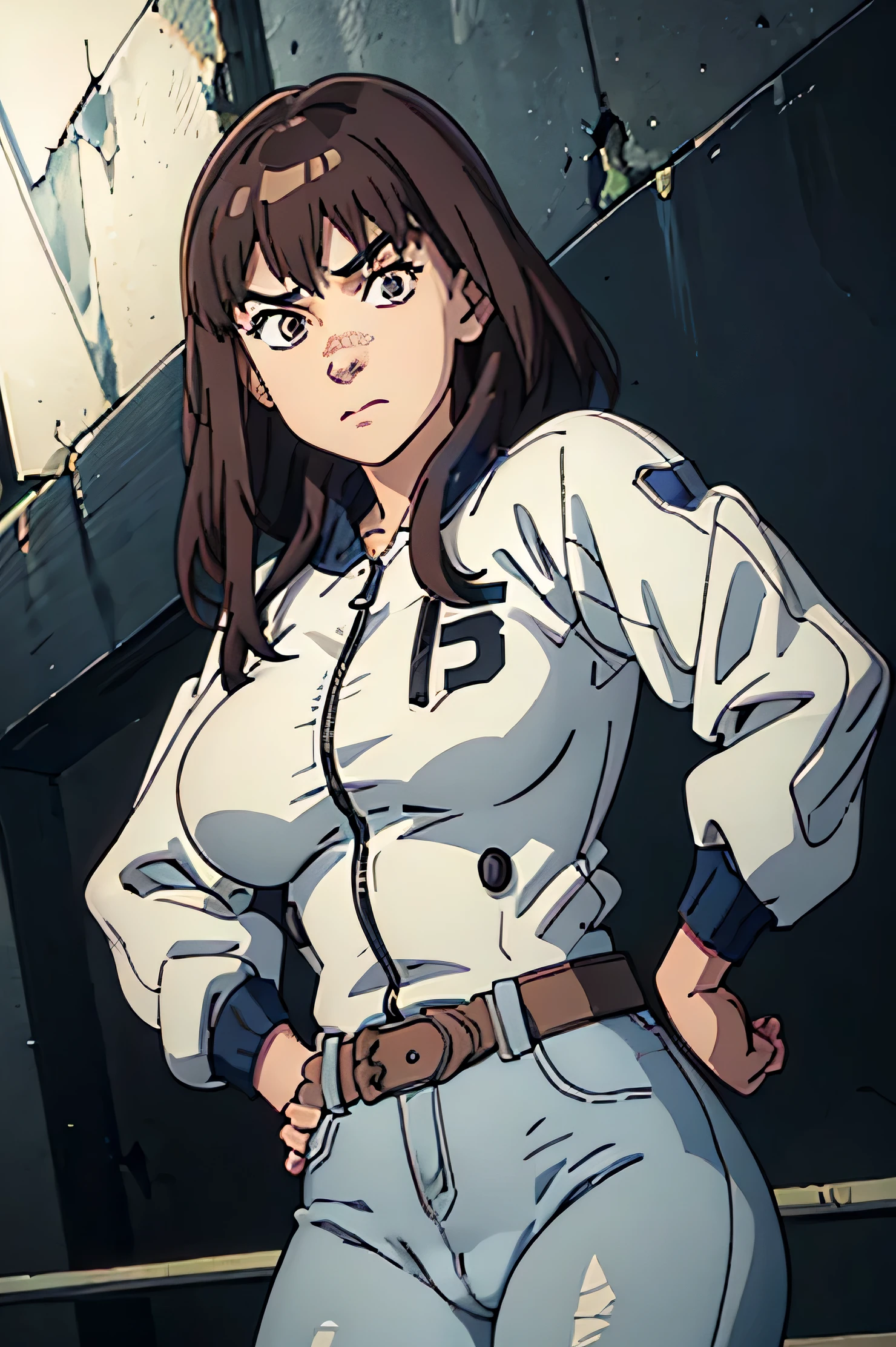 Solo girl , (wrestling ring background)) , body shot, kiruko from tengeku daimakyo , hot pose standing , littel bit busty , looking at the viewer  , ((beautiful eyes)),  slutty expressions, gray brown messy hair short, hairbangs , thick eyebrows, femenine body , scar above her nose, wears a black top tight on her big breasts , on top of it is a pumping white opened puffy jacket with black collars and hands, the jacket is long oversized.  wears a high waisted gray jeans tight on her thicc thighs , pussy camel toe prominent,  inclined brown thick belt. Curvy thighs