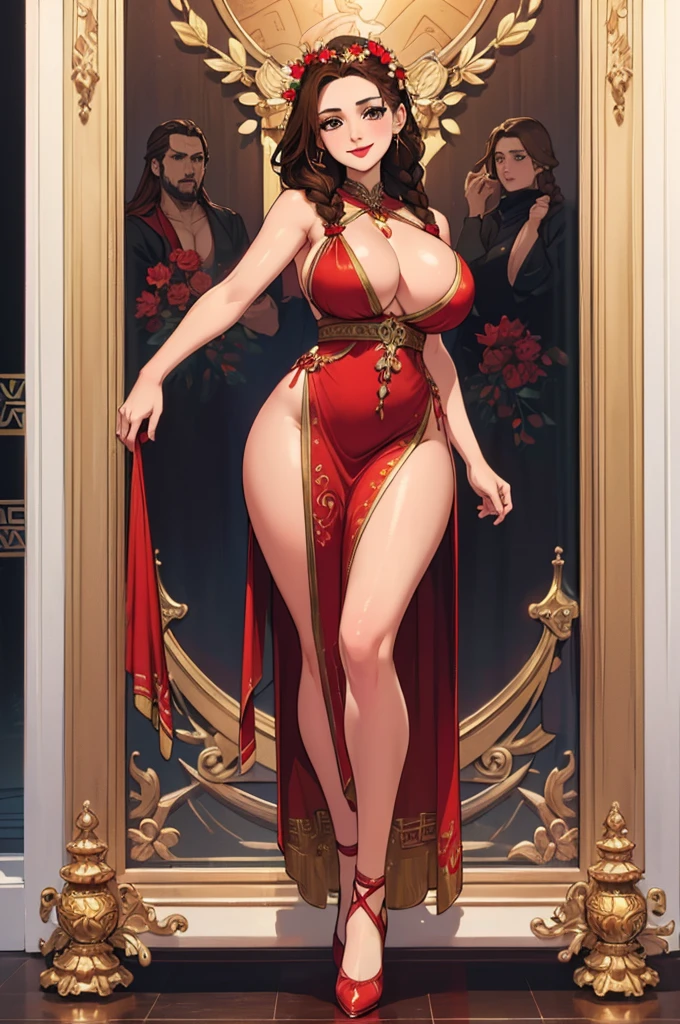 (masterpiece, best quality, high resolution, ((full body standing)), ((huge breasts)) 1 beautiful woman, Greek goddess PERSEPHONE, brown hair tied in a braid, red lips, brown eyes, full body fantasy Greek dress, fancy flower axesories, calm smile.