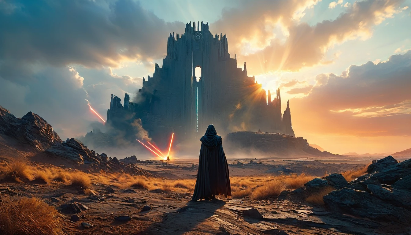 View a vast desert landscape bathed in golden twilight, evoking the iconic Star Wars look. No centro da cena, a Jedi in a flowing cape stands silhouetted against the orange sky, your glowing blue lightsaber in your hand, pronto para enfrentar qualquer desafio. The ruins of an ancient civilization rise majestically in the background, and the remains of a fallen AT-AT adorn the landscape. The atmosphere is charged with expectation, as if an epic battle was about to begin.hyper realistic composition,32k resolution,cinematic composition,cinematic color grading.photography whit Phaseone 85mm,depth of field.