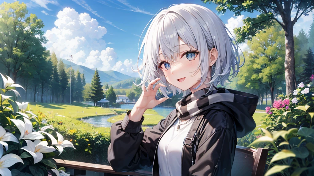 Her eyes were shining、Mysterious and enchanting atmosphere。With AI Painting、とてもShort Hair, Long bangs between the eyes, Grey Eyes , Very detailed,(masterpiece、Highest quality)、alone、Gray Hair、Fantasy, Silver Hair, Beautiful Eyes,Ecstasy, charm, attract the audience, Fantasyな風景、White shirt、smile、Open your mouth、Scarf、short hair、Short Hair、hairpin、Dark Eyes
