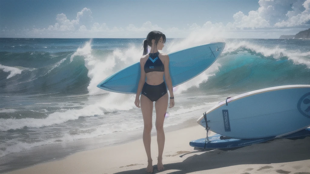 Generate a full height image of a girl standing on the beach with a surfboard. she is wearing a blue surfing suit, and her straight hair, Gather it in a ponytail, Swaying in the wind. Check out her profile standing on the beach with the waves in the background。. Highlighting the clear visibility of the blue surfboard, Ensure that girls&#39; clothing and hairstyles are accurately represented. By conveying the dynamics and atmosphere of the scene、Capturing the essence of surfing moments。.  