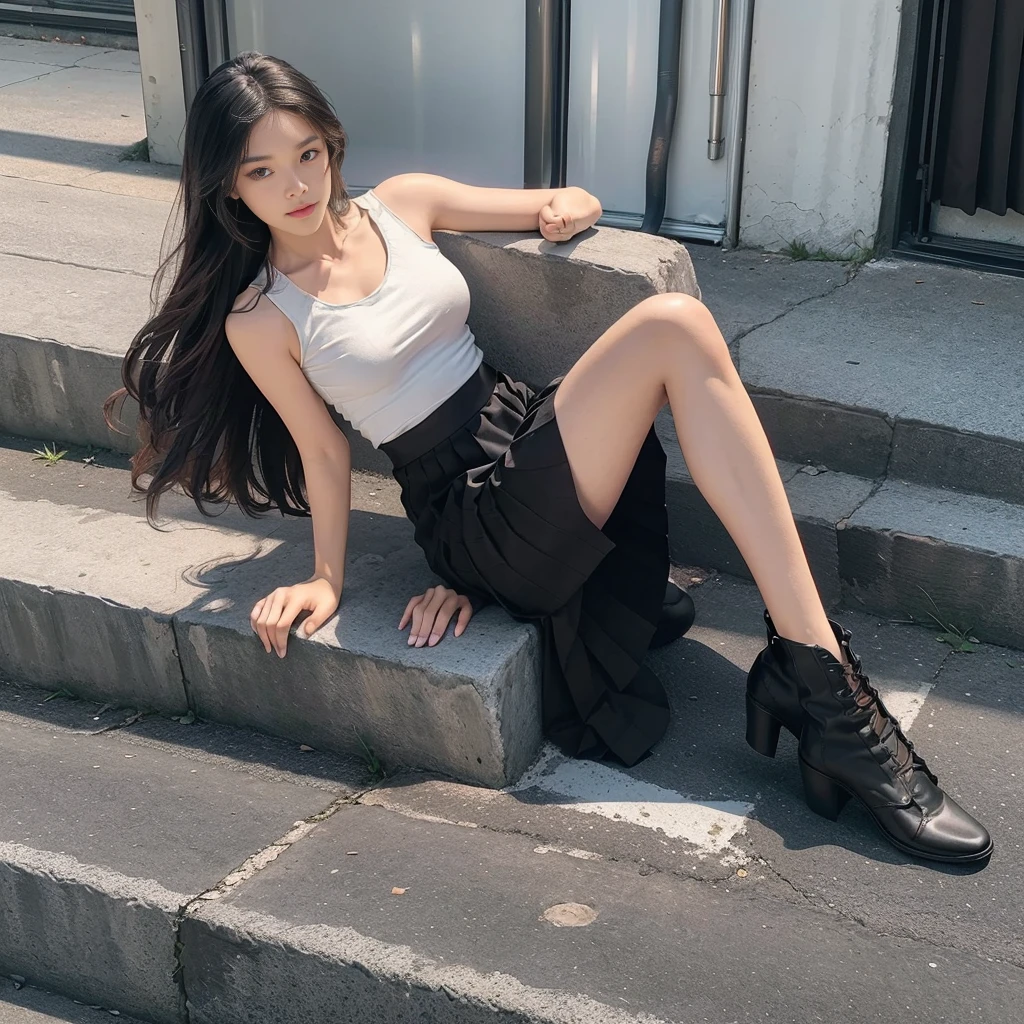 girl 20 old, (Skirt full thigh), (knee-length outfit), (hair curled on both sides), (center shoes shot), ((full-body standing image)), (cover knee), (white t shirt), (Scottish pleated skirt), (bare shoulders), (bare arms), twinsies、The ultra-detailliert, (white t shirt), (cotton spaghetti-strap top), (cotton spaghetti-strap top), (cotton spaghetti-strap top), (cotton spaghetti-strap top), (long skirt), (A hem full flared skirt), (Hem full flared dress), (a girl pretty girl with perfect figure), (a photo of the night sky), (32K,1 20-year-old girl, The light from the rear room is backlit, Ray traching), (a pair of black leather boots, highly detailed boots), (full body), (hair black), (two-parted hair), (very thick hair), (Slender chest), (short upper chest), (pectoral muscles are large), (upper breasts are firm and round), (stand upright), (two shoe ends), (two shoe toes) ,(put on blush), (apply powder), (makeup), (standing), (asian girl princess), (Black non-reflective fabric for making skirt), (dark skirt), (thick thighs), (large calves), (large knees), (one-piece skirt), (seamless skirt), (long shins) , (big shins), (A hem full flared skirt), (Hem full flared dress), (A hem full flared skirt), (thighs meets knee), (black skirt), (black skirt), (black skirt), (black skirt), (knee gap), (knee gap), (black shoes), (knee gap), (black shoes), (Expose cleavage), (Scottish pleated midi skirt) (Super fine face and eyes), (Highly detailed face and skin texture, Detailed eyes, Double eyelid), (stading shot), (stading shot), (Scottish pleated midi skirt), (Scottish pleated midi skirt), (knee-length outfit), (knee-length outfit), (knee-length outfit), (knee-length outfit), (Skirt full thigh), (Skirt full thigh)