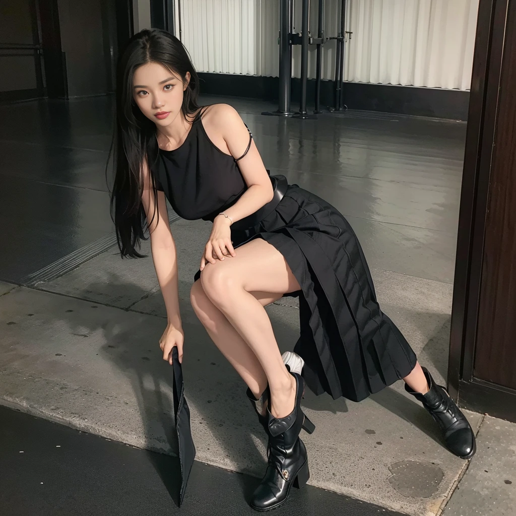 girl 20 old, (Skirt full thigh), (knee-length outfit), (hair curled on both sides), (center shoes shot), ((full-body standing image)), (cover knee), (white t shirt), (Scottish pleated skirt), (bare shoulders), (bare arms), twinsies、The ultra-detailliert, (white t shirt), (cotton spaghetti-strap top), (cotton spaghetti-strap top), (cotton spaghetti-strap top), (cotton spaghetti-strap top), (long skirt), (A hem full flared skirt), (Hem full flared dress), (a girl pretty girl with perfect figure), (a photo of the night sky), (32K,1 20-year-old girl, The light from the rear room is backlit, Ray traching), (a pair of black leather boots, highly detailed boots), (full body), (hair black), (two-parted hair), (very thick hair), (Slender chest), (short upper chest), (pectoral muscles are large), (upper breasts are firm and round), (stand upright), (two shoe ends), (two shoe toes) ,(put on blush), (apply powder), (makeup), (standing), (asian girl princess), (Black non-reflective fabric for making skirt), (dark skirt), (thick thighs), (large calves), (large knees), (one-piece skirt), (seamless skirt), (long shins) , (big shins), (A hem full flared skirt), (Hem full flared dress), (A hem full flared skirt), (thighs meets knee), (black skirt), (black skirt), (black skirt), (black skirt), (knee gap), (knee gap), (black shoes), (knee gap), (black shoes), (Expose cleavage), (Scottish pleated midi skirt) (Super fine face and eyes), (Highly detailed face and skin texture, Detailed eyes, Double eyelid), (stading shot), (stading shot), (Scottish pleated midi skirt), (Scottish pleated midi skirt), (knee-length outfit), (knee-length outfit), (knee-length outfit), (knee-length outfit), (Skirt full thigh), (Skirt full thigh)