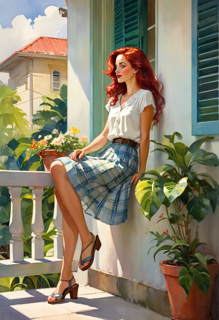 Imagine a serene setting where a Brazilian woman is the centerpiece of a tranquil watercolor scene. She sits comfortably on a concrete balcony, her posture relaxed. Her wavy red hair falls over her shoulders, providing a beautiful contrast to her light blue blouse and floral skirt. The red of her lips adds an eye-catching pop of color, while her black flip-flops suggest casual elegance. Next to her, a brown plaid bag rests on the porch railing, suggesting a story yet to be told. The setting is simple but inviting: a beige wall with a window that allows a glimpse of a peaceful interior and potted plants that add a touch of green and life to the composition. Daniel F. Gerhartz
