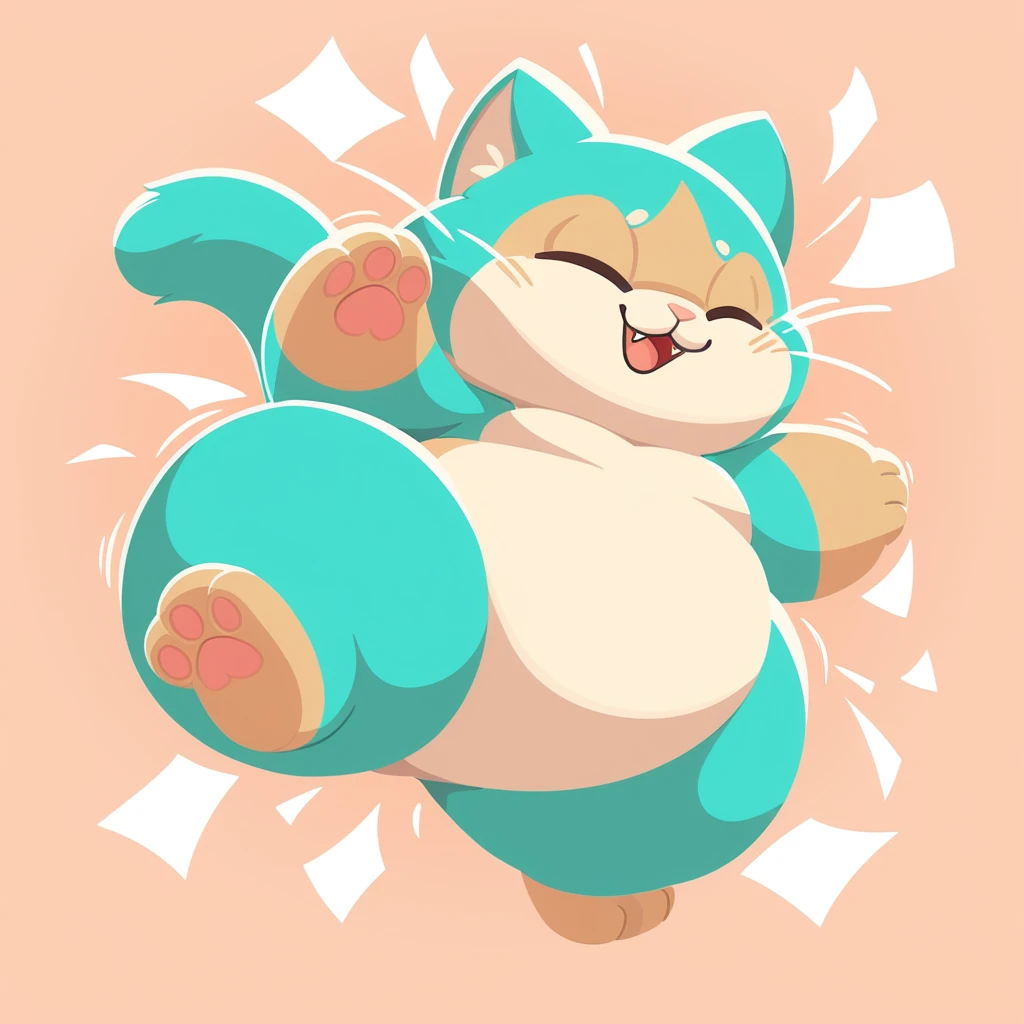 Super Chubby teal and tan cat with closed eyes throwing itself against something, in card art style