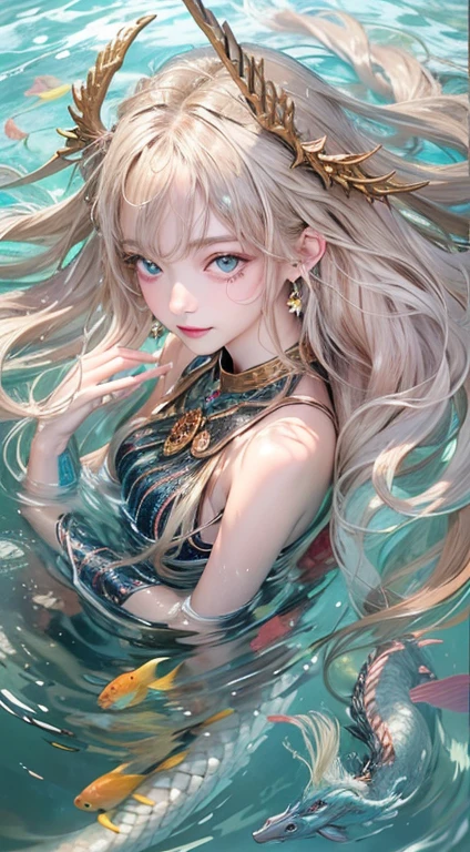 Low Teen Girl, 10 years old, Dragon Princess, （Highest quality realistic textured skin),(terrible),(got it, round, Symmetrical eyes),Delicate facial features,(Burning bright cold eyes), She has beautiful tiger eyes, Very slim and slender figure, naked, nude, (She has a mischievous smile),(Her face is kind and beautiful),Glass earrings in the ears,,(Blonde),(Silvery white hair),(Chestnut Hair),(Swim at the bottom of the ocean)，(Full body portrait:1.5),(Dramatic Photos:1.4),(Dramatic Pose),(Flashy photos)(look up),(Look down),(Around her neck is a simple necklace made with exquisite craftsmanship.),Cluttered photos，(Hair flowing in water:1.5),(In the water, Life at sea, 美しいCoral Reef, fish),(Background vortices and currents),(Dramatic Light),(Nice views),(Surrounded by beautiful dragons),遠くの背景にはCoral Reefに沈んだ寺院が見える,Coral Reef,Spectacular realism,Cinematic atmosphere,(High-density image review:1.5),(Soft colors:1.2),Very detailed,Dramatic Light,(Intricate details:1.1),Complex background,