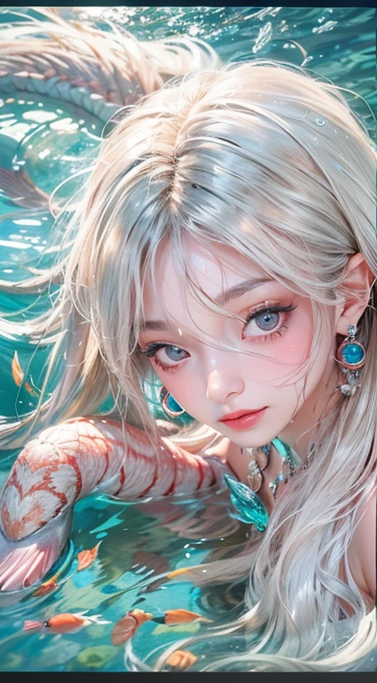 Low Teen Girl, 10 years old, Dragon Princess, （Highest quality realistic textured skin),(terrible),(got it, round, Symmetrical eyes),Delicate facial features,(Burning bright cold eyes), She has beautiful tiger eyes, Very slim and slender figure, ?????, ????, (She has a mischievous smile),(Her face is kind and beautiful),Glass earrings in the ears,,(Blonde),(Silvery white hair),(Chestnut Hair),(Swim at the bottom of the ocean)，(Full body portrait:1.5),(Dramatic Photos:1.4),(Dramatic Pose),(Flashy photos)(look up),(Look down),(Around her neck is a simple necklace made with exquisite craftsmanship.),Cluttered photos，(Hair flowing in water:1.5),(In the water, Life at sea, 美しいCoral Reef, fish),(Background vortices and currents),(Dramatic Light),(Nice views),(Surrounded by beautiful dragons),遠くの背景にはCoral Reefに沈んだ寺院が見える,Coral Reef,Spectacular realism,Cinematic atmosphere,(High-density image review:1.5),(Soft colors:1.2),Very detailed,Dramatic Light,(Intricate details:1.1),Complex background,