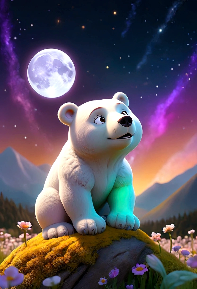 Vast landscape photography, (View from below。I can see the sky and the wilderness below.), Little white bear standing in a flower field and looking up, (full moon: 1.2), (shooting star: 0.9), (nebula: 1.3), Distant Mountain, Treebreak Production Art, (Warm light source: 1.2), (fire Fly: 1.2), apple, Purple and Orange, Intricate details, Volumetric Lighting Break (Tabletop: 1.2), (Highest quality ), 4K, Super detailed, (moving composition: 1.4), Extremely detailed and colorful (Iridescent: 1.2), (Sparkling Lights, Atmospheric lighting), dream-like, Magic, (alone: 1.2)