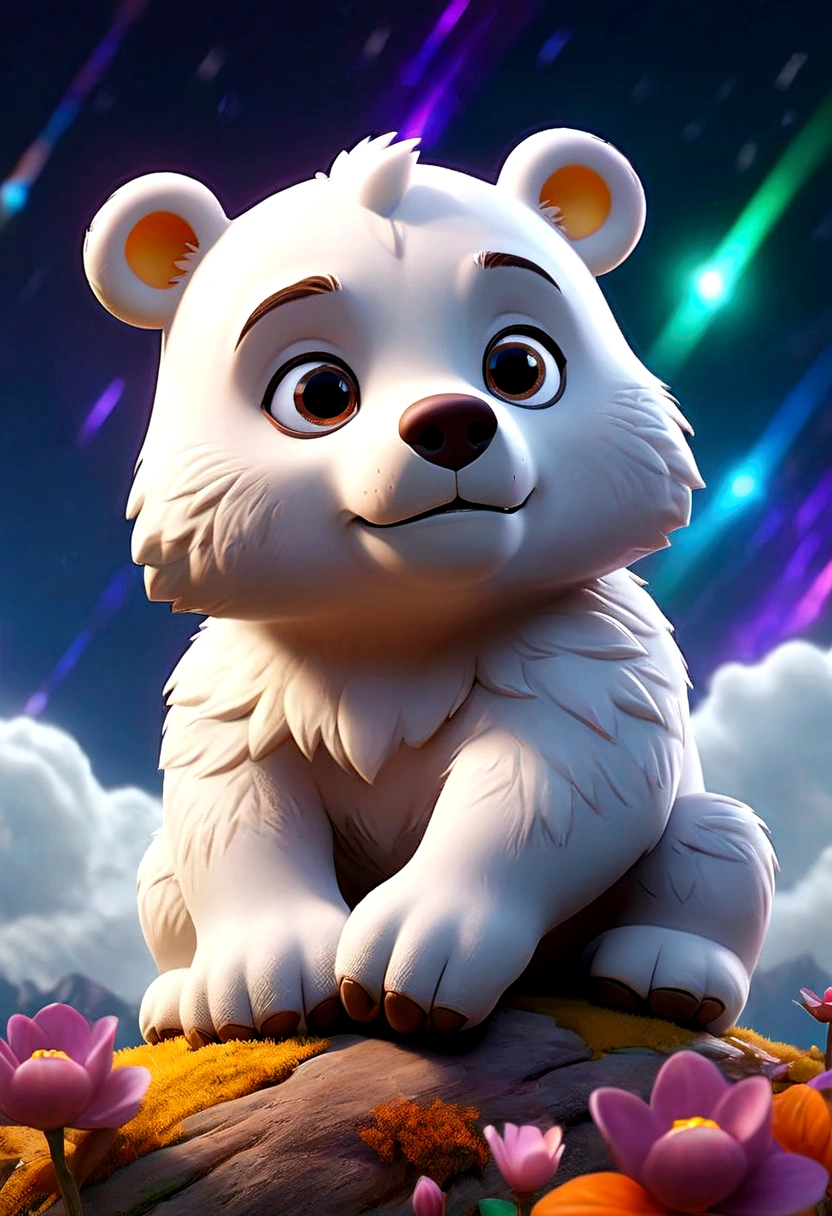 Vast landscape photography, (View from below。I can see the sky and the wilderness below.), Little white bear standing in a flower field and looking up, (full moon: 1.2), (shooting star: 0.9), (nebula: 1.3), Distant Mountain, Treebreak Production Art, (Warm light source: 1.2), (fire Fly: 1.2), apple, Purple and Orange, Intricate details, Volumetric Lighting Break (Tabletop: 1.2), (Highest quality ), 4K, Super detailed, (moving composition: 1.4), Extremely detailed and colorful (Iridescent: 1.2), (Sparkling Lights, Atmospheric lighting), dream-like, Magic, (alone: 1.2)