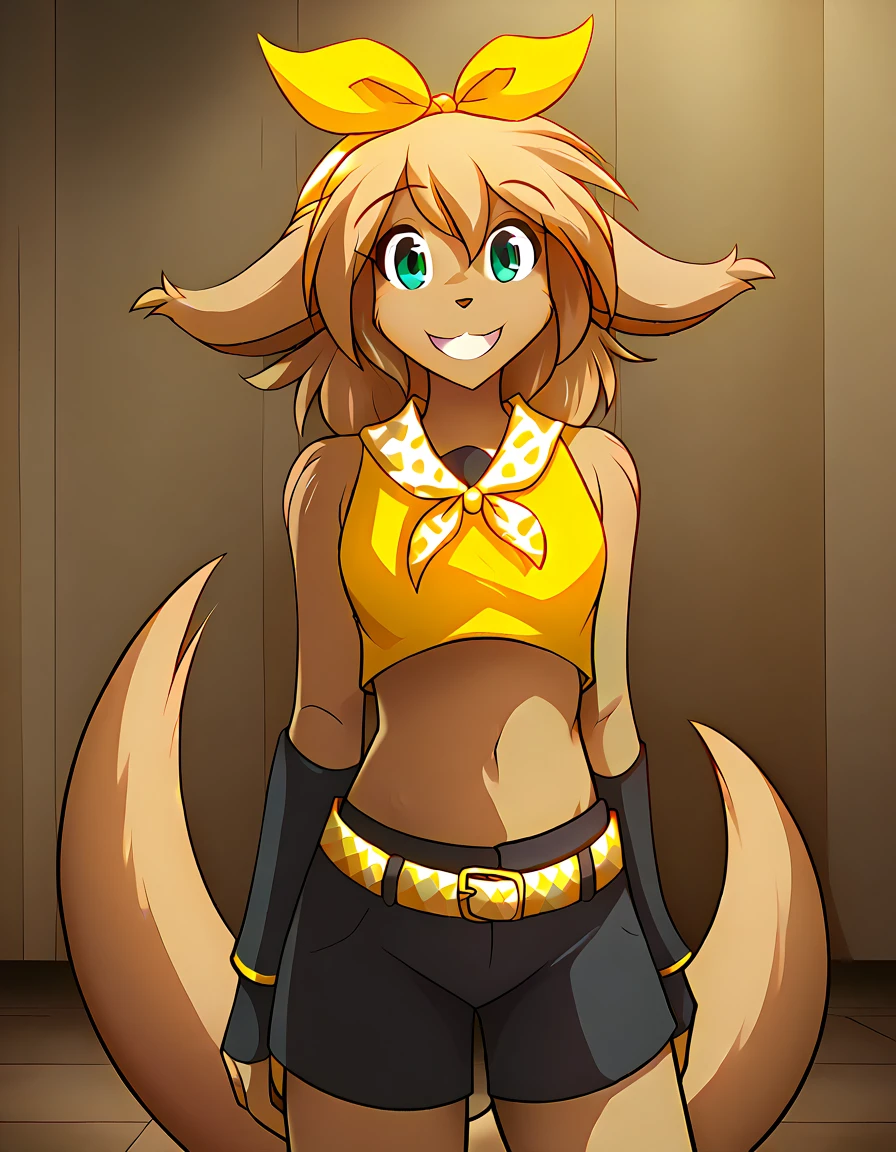 score_9, score_8_up, score_7_up, score_6_up, score_5_up, score_4_up, rating_explicit, source_furry, female, cute anthro female, cute face, forest, detailed background, looking at viewer, solo, solo focus,, (no nipples, no vagina:1.4), (digital pen line-art, soft lines, soft shading, pinup, cartoon, anime:1.2), Kagamine Rin, smile, happy, long tail, stage, midriff, white sleeveless top, yellow bow, short black shorts, belt, black detachable sleeves, madelyn-twokinds