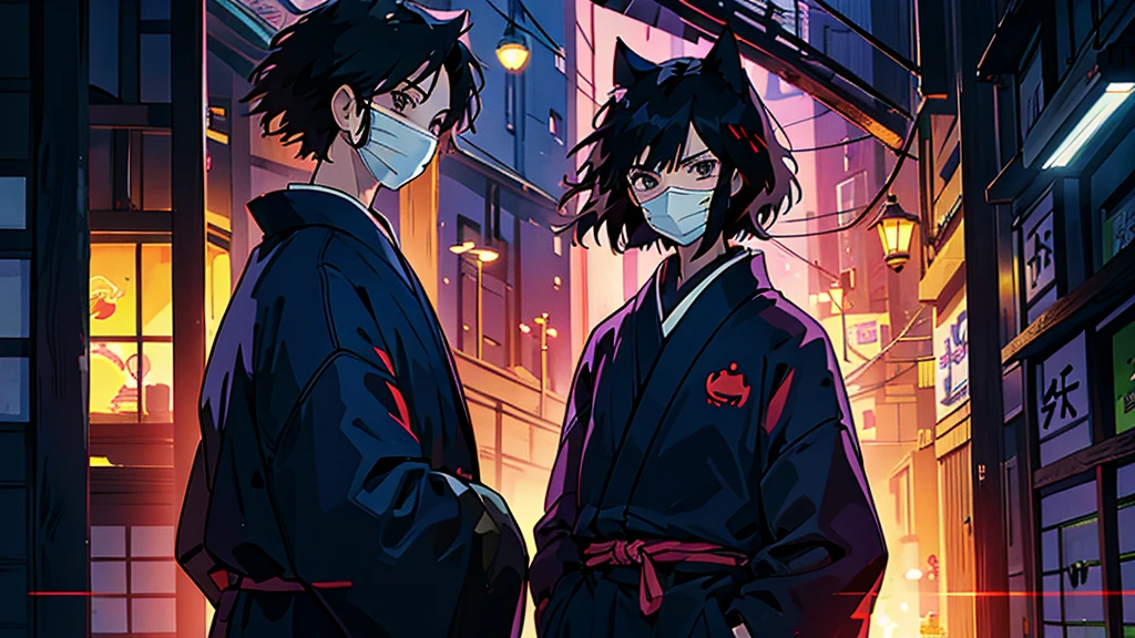 Hide your face with a cat mask　Black Hair　male　Anime Style　Highest quality　Japanese　Delicate quality　Beautiful illustrations　High quality down to the last detail