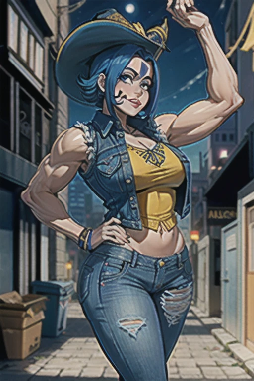 An athletically built woman with defined muscles. Her skin is covered with artistic tattoos, that extend over her arms and neck. She has short, black hair, that appear wild and untamed. Several piercings adorn her ears, Nose and eyebrows. Her eyes are dark and intense. She wears dark, practical clothing such as leather jackets, Boots and ripped jeans. backdrop: World of Darkness, dark urban fantasy, natta, City, City, neon lights, nattaleben, Vampire.