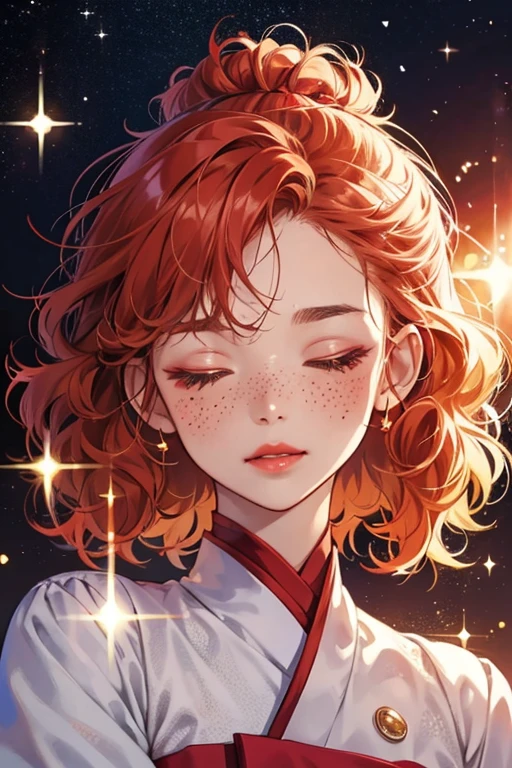Tsuketchi has a tan face, closed eyes, freckles, big red lips, . She has a small bit of curly hair on her head, SPARKLE; GLITTER
