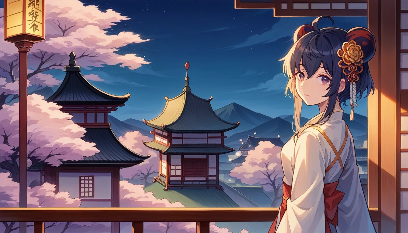 There is a picture of a house with a flower roof., Written by Ma Yuanyu, Chinese classical style, beautiful, Japanese art style, Studio Ghibli aesthetics, beautiful image, inspired by Matsumura Goshun, Chinese style, Japanese painting, hiroya oku painterly,  night, Nice interior lighting, A magnificent view unfolds,