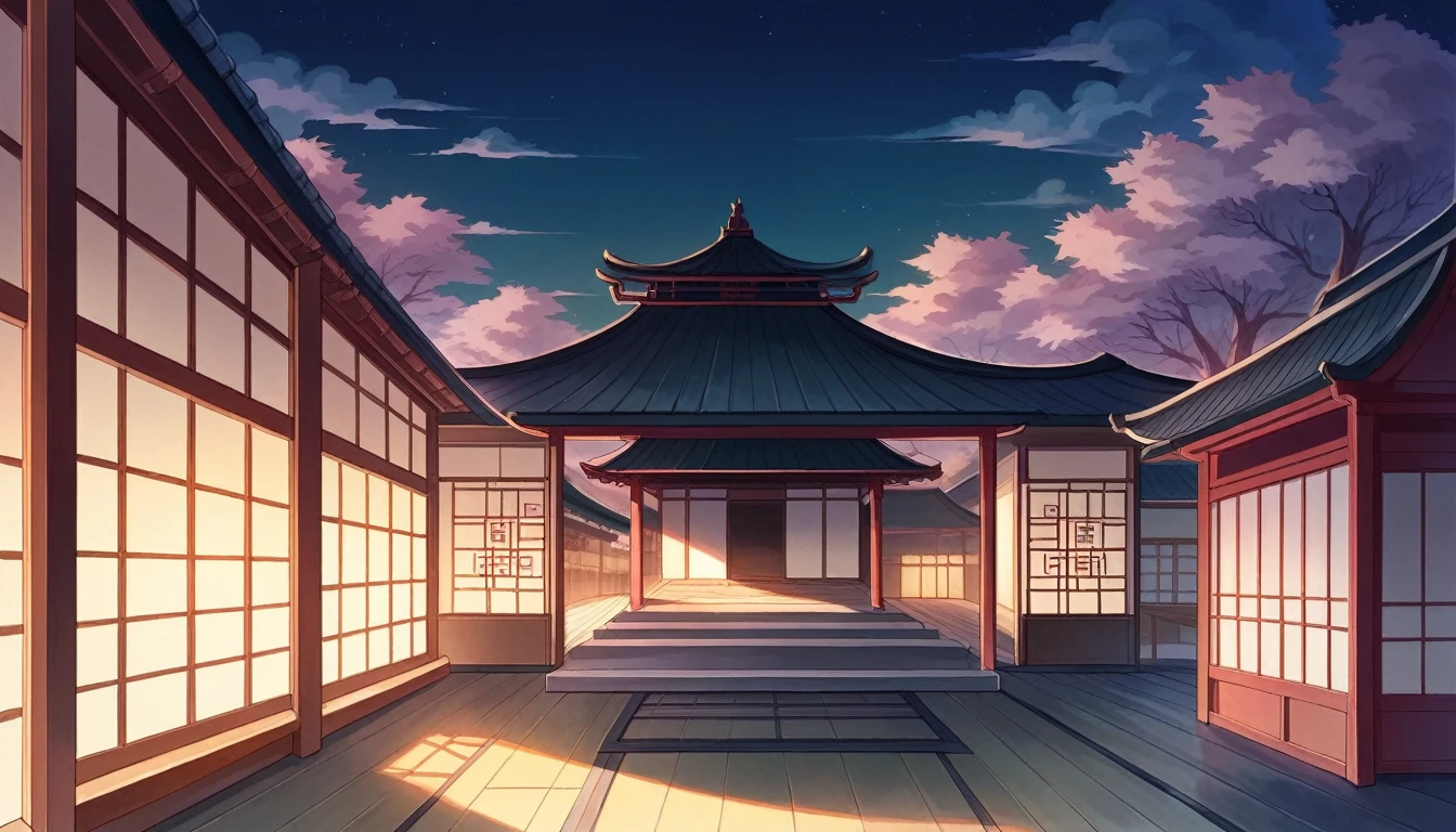 There is a picture of a house with a flower roof., Written by Ma Yuanyu, Chinese classical style, beautiful, Japanese art style, Studio Ghibli aesthetics, beautiful image, inspired by Matsumura Goshun, Chinese style, Japanese painting, hiroya oku painterly, night, Nice interior lighting, A magnificent view unfolds,