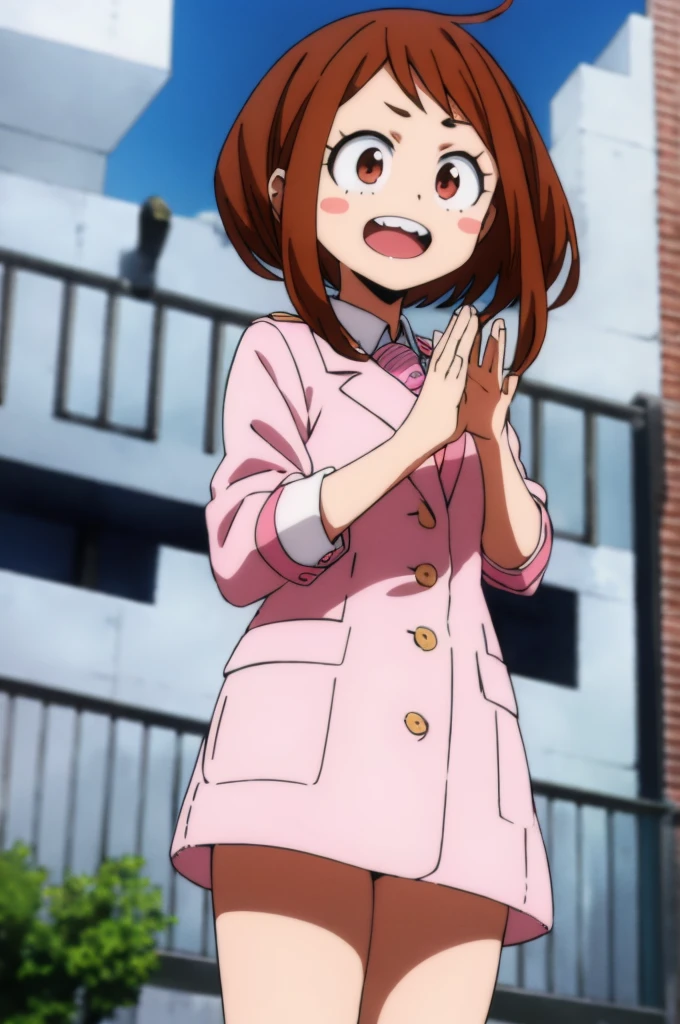 ochaco_uraraka, 1girl, solo, pink skirt suit, necktie, blush_stickers, pink pencil skirt, open_mouth, looking_at_viewer, smile, jacket, sky, day, cloud, pink blazer, :d, long_sleeves, teeth, shirt, blue_sky, tree, outdoors, white_shirt, blush, waving, upper_teeth_only, window, cowboy_shot, standing, cloudy_sky, hands_up, full_body, high_heels