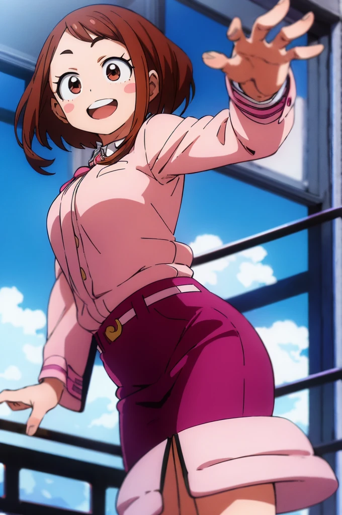 ochaco_uraraka, 1girl, solo, pink skirt suit, necktie, blush_stickers, pink pencil skirt, open_mouth, looking_at_viewer, smile, jacket, sky, day, cloud, pink blazer, :d, long_sleeves, teeth, shirt, blue_sky, tree, outdoors, white_shirt, blush, waving, upper_teeth_only, window, cowboy_shot, standing, cloudy_sky, hands_up, full_body, high_heels