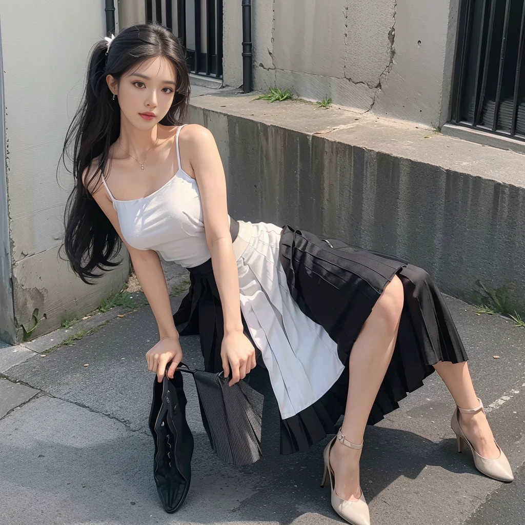 girl 20 old, (Skirt full thigh), (knee-length outfit), (hair curled on both sides), (center shoes shot), ((full-body standing image)), (cover knee), (white strapless DRESS), (Scottish pleated skirt), (bare shoulders), (bare arms), twinsies、The ultra-detailliert, (white t shirt), (cotton spaghetti-strap top), (cotton spaghetti-strap top), (cotton spaghetti-strap top), (cotton spaghetti-strap top), (long skirt), (A hem full flared skirt), (Hem full flared dress), (a girl pretty girl with perfect figure), (a photo of the night sky), (32K,1 20-year-old girl, The light from the rear room is backlit, Ray traching), (a pair of black leather boots, highly detailed boots), (full body), (hair black), (two-parted hair), (very thick hair), (Slender chest), (short upper chest), (pectoral muscles are large), (upper breasts are firm and round), (stand upright), (two shoe ends), (two shoe toes) ,(put on blush), (apply powder), (makeup), (standing), (asian girl princess), (Black non-reflective fabric for making skirt), (dark skirt), (thick thighs), (large calves), (large knees), (one-piece skirt), (seamless skirt), (long shins) , (big shins), (A hem full flared skirt), (Hem full flared dress), (A hem full flared skirt), (thighs meets knee), (black skirt), (black skirt), (black skirt), (black skirt), (knee gap), (knee gap), (black shoes), (knee gap), (black shoes), (Expose cleavage), (Scottish pleated midi skirt) (Super fine face and eyes), (Highly detailed face and skin texture, Detailed eyes, Double eyelid), (stading shot), (stading shot), , (Scottish pleated midi skirt), (Scottish pleated midi skirt), (knee-length outfit), (knee-length outfit), (knee-length outfit), (knee-length outfit), (Skirt full thigh), (Skirt full thigh)