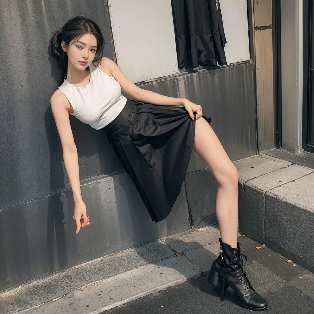 girl 20 old, (Skirt full thigh), (knee-length outfit), (hair curled on both sides), (center shoes shot), ((full-body standing image)), (cover knee), (white strapless DRESS), (Scottish pleated skirt), (bare shoulders), (bare arms), twinsies、The ultra-detailliert, (white t shirt), (cotton spaghetti-strap top), (cotton spaghetti-strap top), (cotton spaghetti-strap top), (cotton spaghetti-strap top), (long skirt), (A hem full flared skirt), (Hem full flared dress), (a girl pretty girl with perfect figure), (a photo of the night sky), (32K,1 20-year-old girl, The light from the rear room is backlit, Ray traching), (a pair of black leather boots, highly detailed boots), (full body), (hair black), (two-parted hair), (very thick hair), (Slender chest), (short upper chest), (pectoral muscles are large), (upper breasts are firm and round), (stand upright), (two shoe ends), (two shoe toes) ,(put on blush), (apply powder), (makeup), (standing), (asian girl princess), (Black non-reflective fabric for making skirt), (dark skirt), (thick thighs), (large calves), (large knees), (one-piece skirt), (seamless skirt), (long shins) , (big shins), (A hem full flared skirt), (Hem full flared dress), (A hem full flared skirt), (thighs meets knee), (black skirt), (black skirt), (black skirt), (black skirt), (knee gap), (knee gap), (black shoes), (knee gap), (black shoes), (Expose cleavage), (Scottish pleated midi skirt) (Super fine face and eyes), (Highly detailed face and skin texture, Detailed eyes, Double eyelid), (stading shot), (stading shot), , (Scottish pleated midi skirt), (Scottish pleated midi skirt), (knee-length outfit), (knee-length outfit), (knee-length outfit), (knee-length outfit), (Skirt full thigh), (Skirt full thigh)