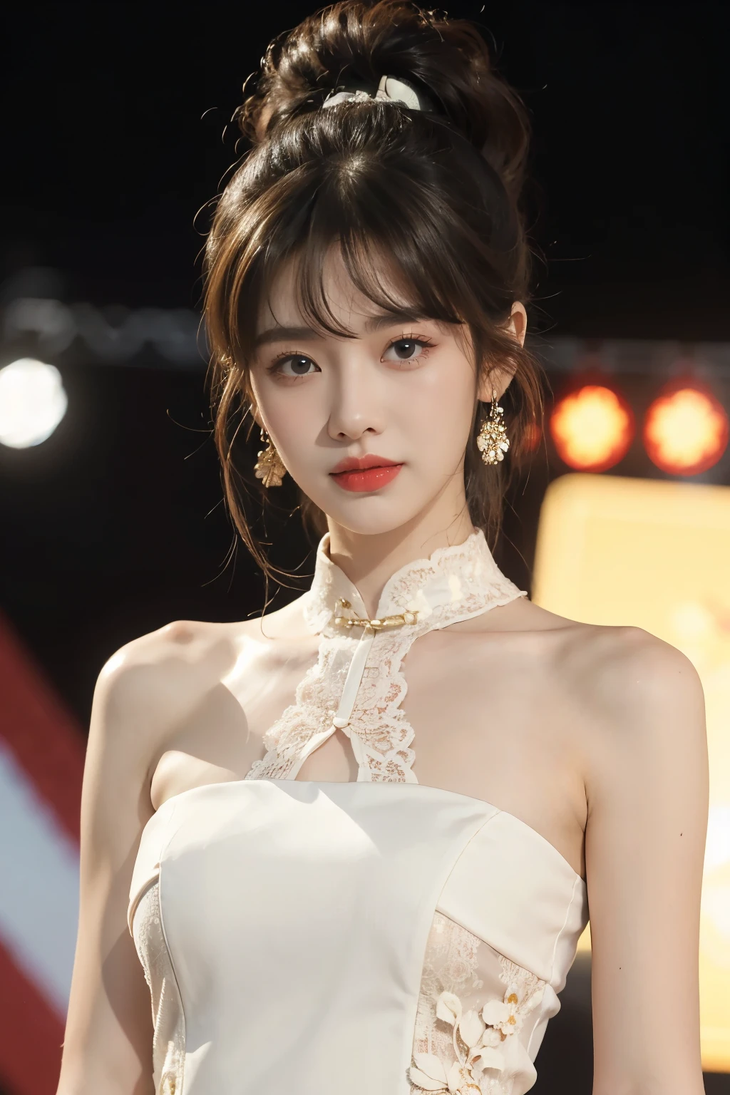 1girl,bangs,bare arms,collar,maxi white lace cheongsam,detailed background,detailed eyes,brown hair,earrings,upper body,jewelry,slim,flat chest,ponytail,looking at viewer,makeup,night scene,red lips,signature,laughing,solo,standing,On the T-stage,catwalk,fashion show,Surrounded by crowded crowds on both sides of the stage,neon lights
