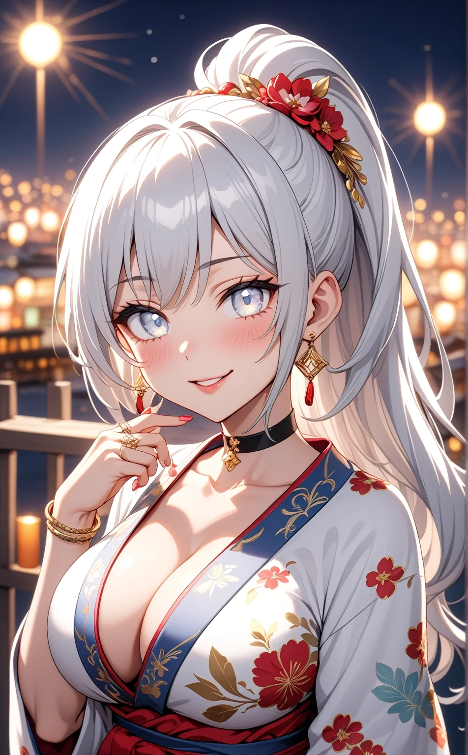 ((One personの女性)), Beautiful Face,Laughing shyly,((Wink:2.0)),Laugh with your mouth wide open((Bright red cheeks:1.4)),Glossy pink lips,night,rooftop,Festive decorations,You can see the ocean, firework,Laughing with your mouth open,Glossy pink lips,Lighting on the face,((Anime style background)),masterpiece, Highest quality, so beautiful,Latest, Complex details, (Pink long nails),(ring),(bracelet),(choker),AI-generated, Complex,High resolution, Highest quality, super high quality,3D Images、View your viewers、3D Images,One person,Long white hair,High Ponytail,(blue eyes),Anime woman posing for a photo, ((Fine grain、Silvery white colorful eyes、Shining Eyes:1.4)),(Squint your eyes:1.1),a hyperRealistic , hyperRealistic , Realistic,Anime woman with long and white hair, Smooth anime CG art, A woman in a colorful kimono with gold embroidery, (Black long sleeve kimono),Red floral pattern,Long flower hair ornament,Big earrings, Body,(Big BrTall,Abdominal muscles,Narrow waist,(Zoom in on face:1.5),Shooting from an angle