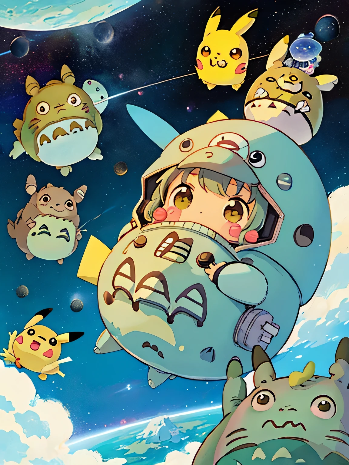 Hayao Miyazaki style、Kawaii Design, most beautiful girl ever、Chibi, (((Space Explorers)))、Spaceship, ((Pikachu)), (((Totoro))), Lunar Surface, Colorful and cute pillbugs, Cute Fairy, Adorable Alien, Makkurokurosuke