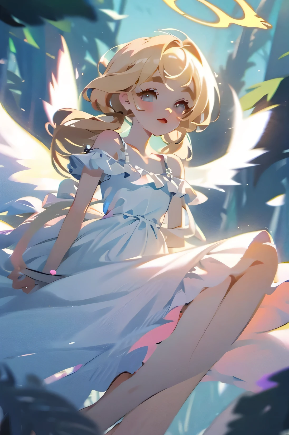 (High quality) (best quality) (A woman) (correct physiognomy) (best quality, 4k, 8K, high resolution, masterpiece: 1.2) woman, Extremely beautiful, Around 20 years old, long blonde hair with bangs on the back front, four small angel wings emerge from her head, two on the left side and two on the right side, two angel wings coming out of her back, a golden halo behind her head, golden eyes, sensitive lips, middle age, white dress with straps on the shoulders, skirt cut diagonally leaving one leg exposed, soft facial features, fine eyebrows, soft skin, slightly rosy cheeks, pink lips, silky eyelashes, dreamy expression, photo location the woman must be in the middle of the forest green , photo illuminated by sunlight, full body proportion, showing in the photo the body from head to torso