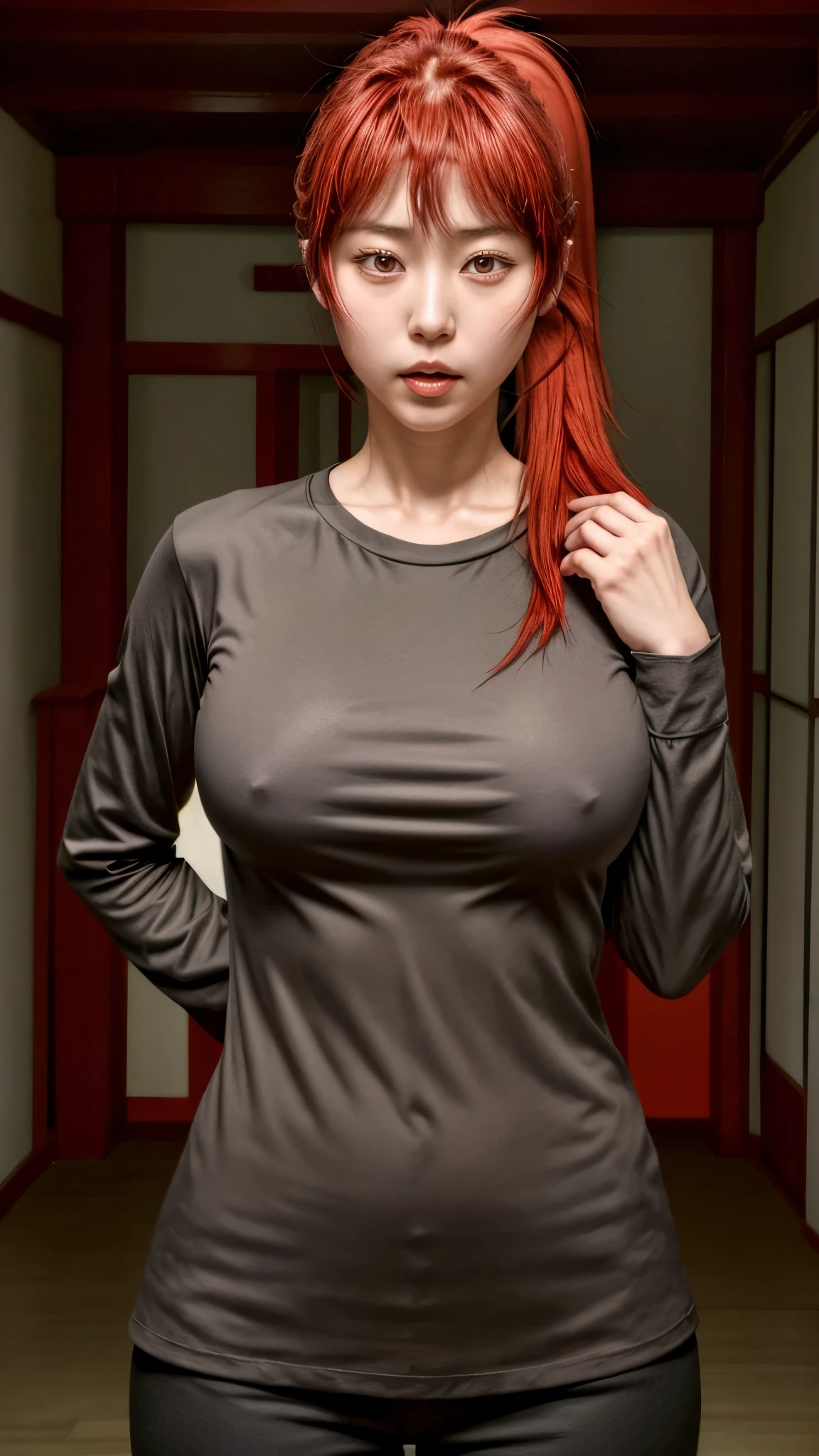masterpiece,Aizawa Akemi, best quality, 1girl, solo, long hair, large breasts, looking at viewer, open mouth, bangs, shirt, long sleeves, red eyes, ponytail, sidelocks, red hair, indoors, medium hair, hand on hip, black shirt, high