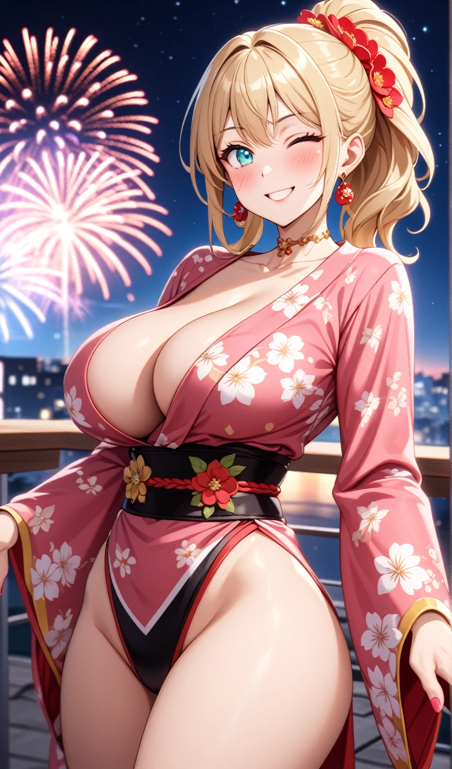 ((One personの女性)), Beautiful Face, Laughing embarrassedly,((Wink:2.0)),Laugh with your mouth wide open,((Red cheeks:1.4)),Glossy pink lips,night,rooftop,Festive decorations,You can see the ocean, firework,((Anime style background)),masterpiece, Highest quality, so beautiful, Latest, Complex details, (Pink long nails),(ring),(flower bracelet),Floral choker,AI-generated, Complex,High resolution, Highest quality, super high quality,3D Images、View your viewers、3D Images,One person,Long blonde hair,High Ponytail,Turquoise Eyes,Anime woman posing for a photo, (Fine grain,Colorful eyes,Shining Eyes:1.3),(Squint your eyes:1.1),a hyperRealistic , hyperRealistic , Realistic,Blonde anime woman with long hair, Smooth anime CG art, A woman in a colorful kimono with gold embroidery, (Pink long sleeve kimono),Red floral pattern,Long flower hair ornament,Large floral earrings,(ring),(Big Breasts:1.2),Mature Body,Tall,Big Ass,Narrow waist,Abdominal muscles,(Zoom in on face:1.5),Shooting from below at an angle