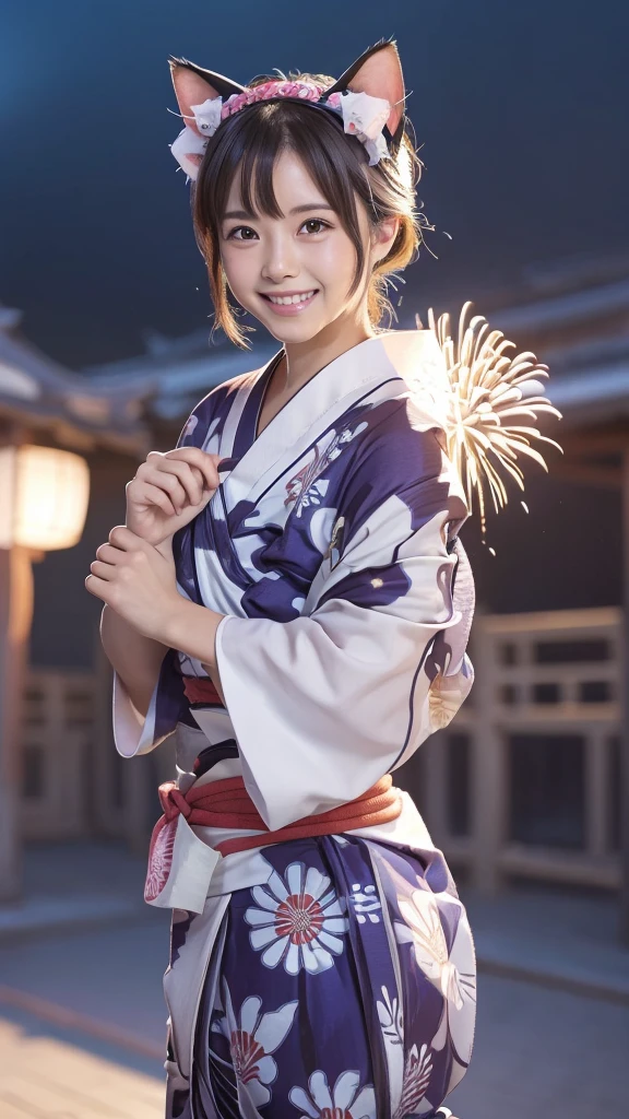 Masterpiece, 4k, Bokeh, beautiful face, (Japanese idle:1.6), BREAK
(wearing detailed yukata:1.5), (happy smile:1.35), (posing), (young hands:1.2),
BREAK,
((Beautiful fireworks in the night sky background)),
BREAK, (Cat ears:1.3),