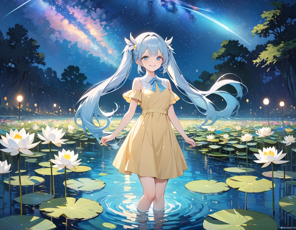Light blue long hair,beautiful girl with twin tails、water.Vivid water lilies(many, Impressionism, Oil)、Yellow Dress、Bright smile、masterpiece、Moonlit Night、shooting star、milky way、A white owl is flying in the sky
