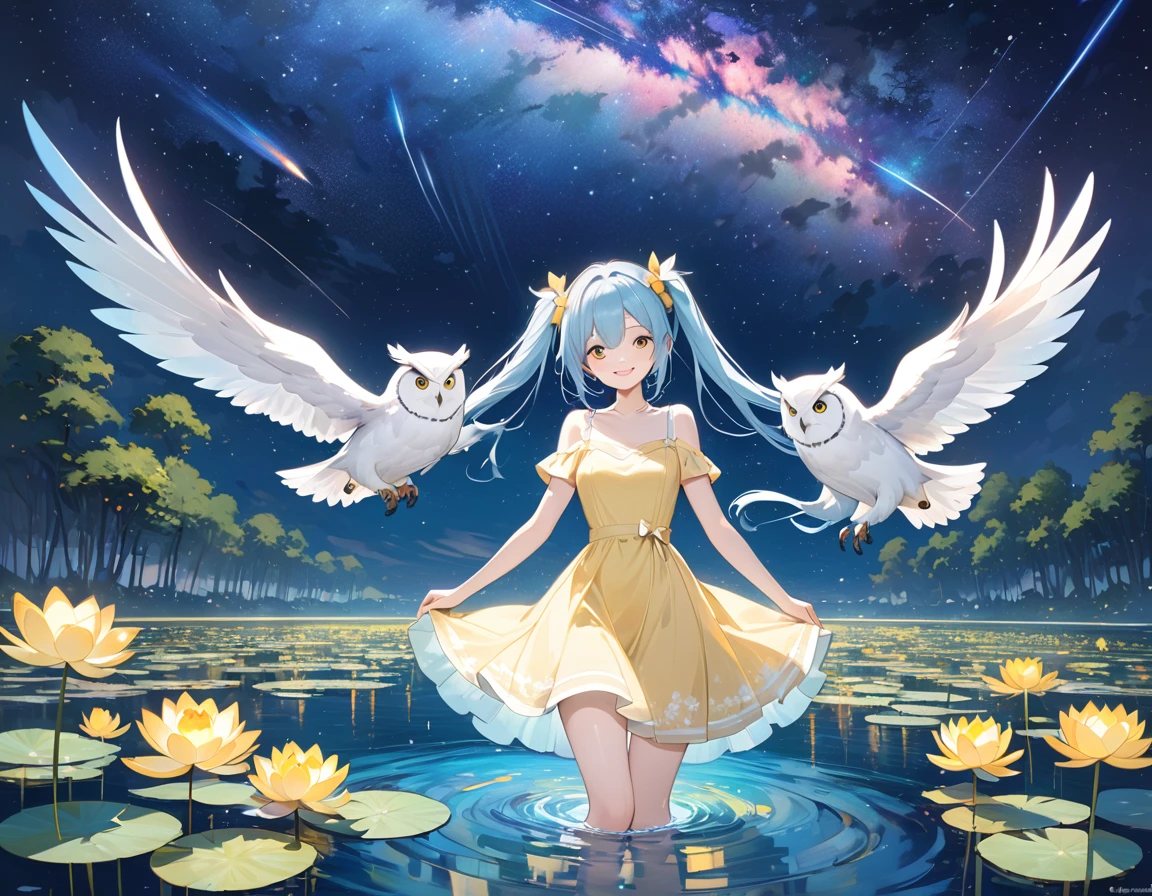 Light blue long hair,beautiful girl with twin tails、water.Vivid water lilies(many, Impressionism, Oil)、Yellow Dress、Bright smile、masterpiece、Moonlit Night、shooting star、milky way、A white owl is flying in the sky