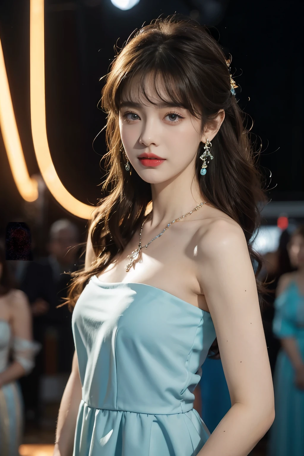 1girl,bangs,bare shoulders,necklace,strapless blue dress,detailed background,detailed eyes,brown hair,earrings,upper body,jewelry,slim,flat chest,messy hair,looking at viewer,makeup,night scene,red lips,signature,laughing,solo,standing,On the T-stage,catwalk,fashion show,Surrounded by crowded crowds on both sides of the stage,neon lights
