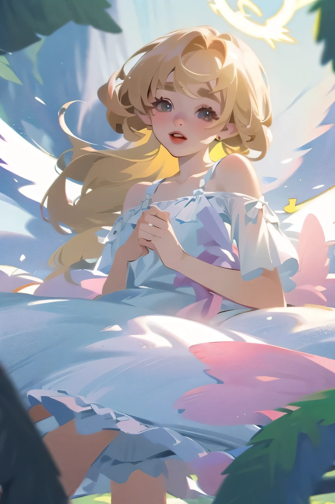 (High quality) (best quality) (A woman) (correct physiognomy) (best quality, 4k, 8K, high resolution, masterpiece: 1.2) woman, Extremely beautiful, Around 20 years old, long blonde hair with bangs on the back front, four small angel wings emerge from her head, two on the left side and two on the right side, two angel wings coming out of her back, a golden halo behind her head, golden eyes, sensitive lips, middle age, white dress with straps on the shoulders, skirt cut diagonally leaving one leg exposed, soft facial features, fine eyebrows, soft skin, slightly rosy cheeks, pink lips, silky eyelashes, dreamy expression, photo location the woman must be in the middle of the forest green , photo illuminated by sunlight, full body proportion, showing in the photo the body from head to torso