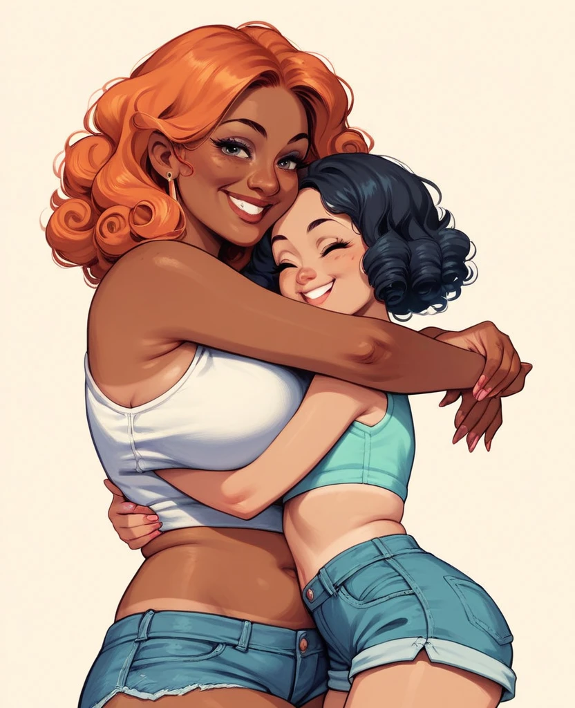 1girl, girl( flat chest tall tanned wearing a crop top and shorts with elbow length curly Orange hair hugging a woman, young face), 1girl, woman(mature woman with casual clothes curvy with Big breasts, smiling,black hair,glases,pale skin)