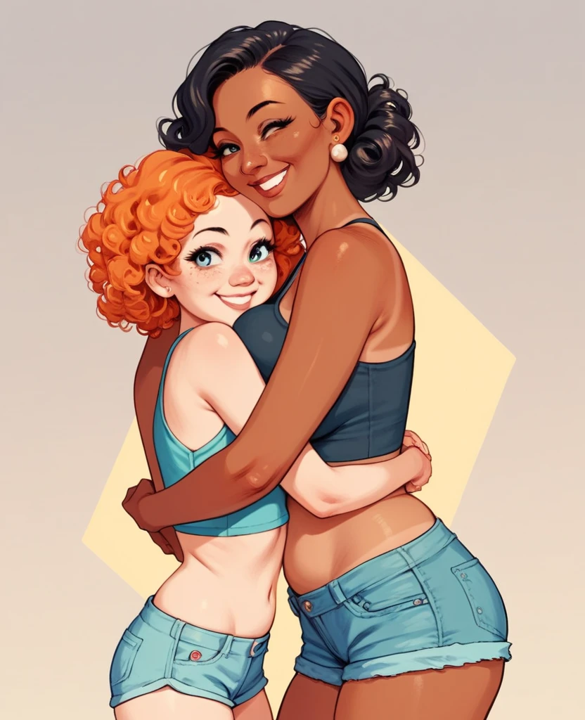 1girl, girl( flat chest tall tanned wearing a crop top and shorts with elbow length curly Orange hair hugging a woman, young face), 1girl, woman(mature woman with casual clothes curvy with Big breasts, smiling,black hair,glases,pale skin)